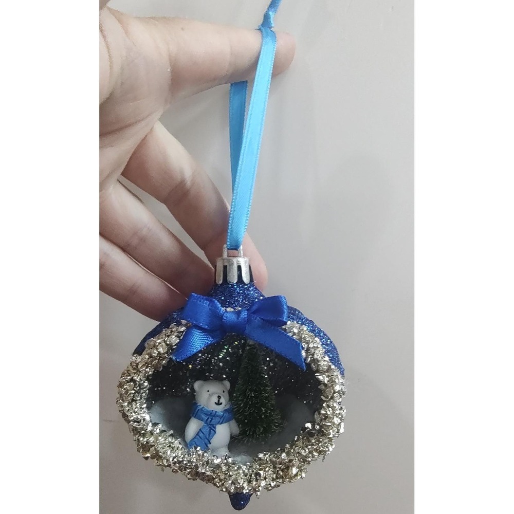 Polar Bear Christmas Ornament Handmade Vtg Style OOAK Shatterproof Diorama